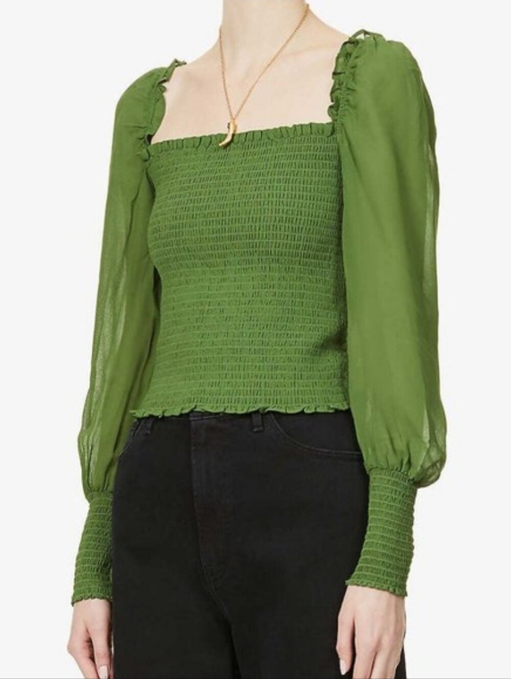 Reformation Pinto Smocked Long Sleeve Puffy Blouse Amsterdam Green S